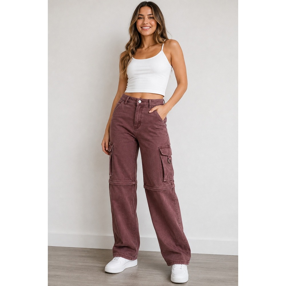 PacSun 90s‎ Low Rise Baggy Cargo Pants Mauve Purple Wide Leg Raw Hem Size 24